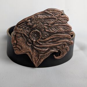 VINTAGE Brass Cowboy Western Belt Black Leather Unisex Native American